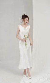 Elegant Satin Cowl Neck Midi Dress with Pearl Detail